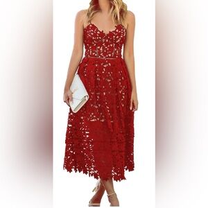 Elegant Red Lace V-Neck Midi Dress – (XL)